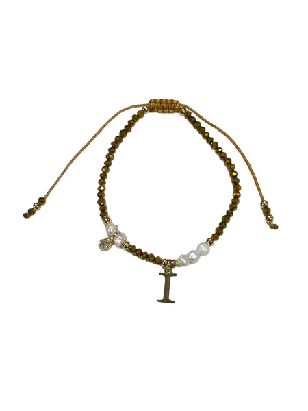 E-HC DESIGNS- Gold Mini Crystal Pearl Adjustable Bracelet With Initial