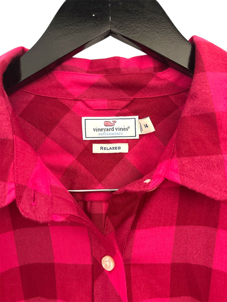 THRIFT- Pink Plaid Long Sleeve Shirt - (Size 14)