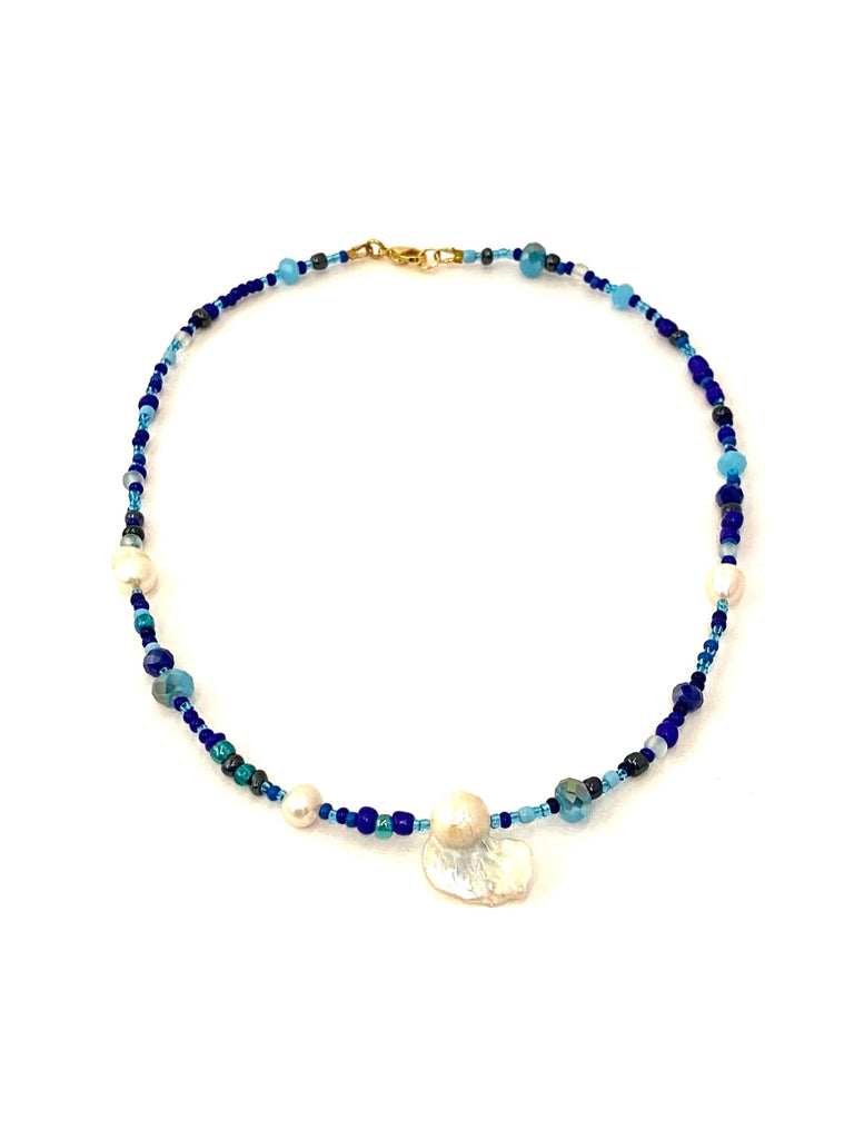 HC DESIGNS- Blue Seedbead and Pearl Layering Necklace- Med Length