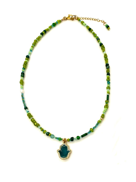 HC DESIGNS- Green Seedbead Hamsa Layering Necklace- Med Length