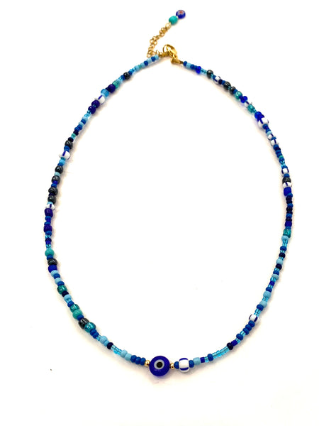 HC DESIGNS- Blue Seedbead Layering Necklace- Med Length