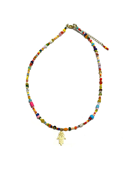 HC DESIGNS- Multicolored Seedbeads Hamsa Charm Necklace