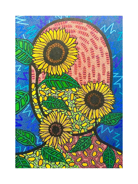 SUSANA CACHO - 5" x 7" Art Print - Mujer Girasoles y Hojas Retro