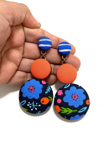 BOTÓN DE AZÚCAR- BIG EARRINGS- BLUE FLOWERS AND ORANGE