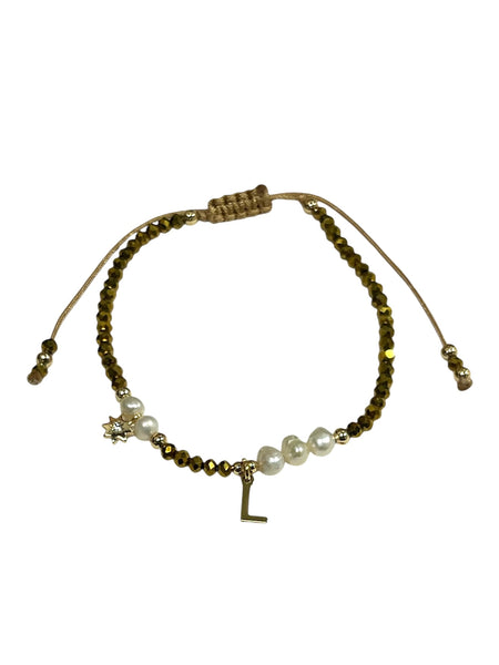 E-HC DESIGNS- Gold Mini Crystal Pearl Adjustable Bracelet With Initial