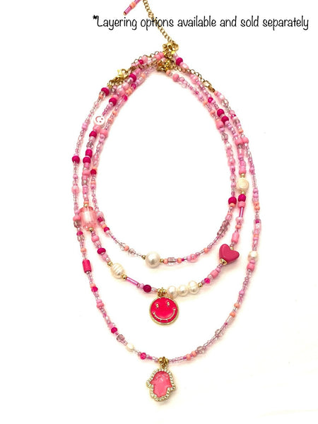 HC DESIGNS- Pink Seedbead Smiley Layering Necklace- Med Length