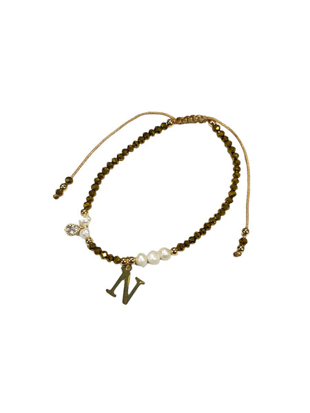 E-HC DESIGNS- Gold Mini Crystal Pearl Adjustable Bracelet With Initial