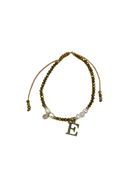 E-HC DESIGNS- Gold Mini Crystal Pearl Adjustable Bracelet With Initial