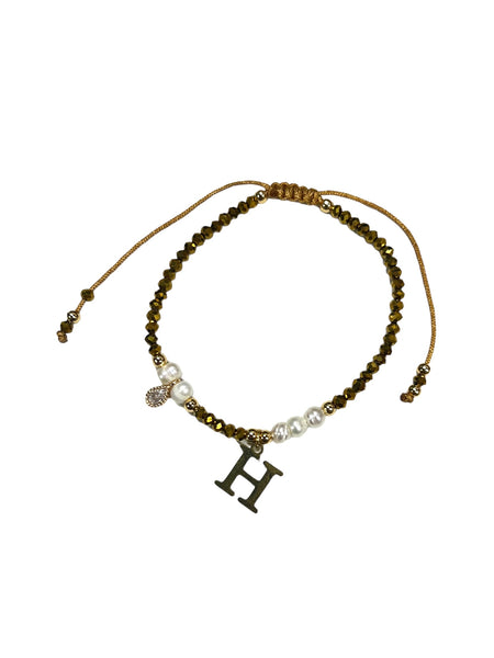 E-HC DESIGNS- Gold Mini Crystal Pearl Adjustable Bracelet With Initial