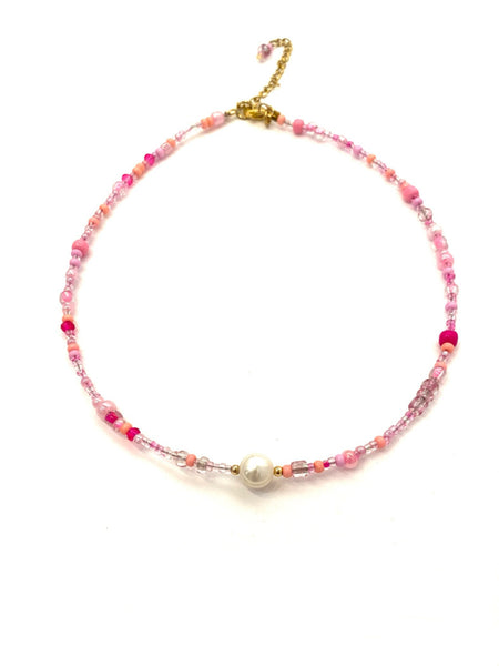 HC DESIGNS- Pink Seedbead Layering Necklace- Short Length