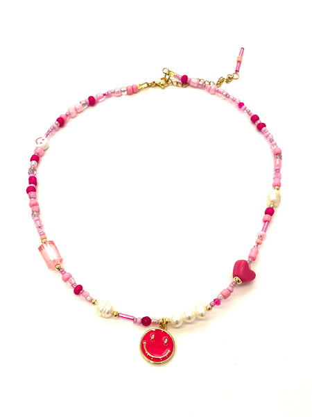 HC DESIGNS- Pink Seedbead Smiley Layering Necklace- Med Length