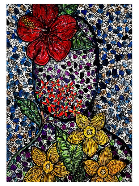SUSANA CACHO - 4" x 6" Greeting Card - Mujer Amapolas, Cruz Malta y Narciso