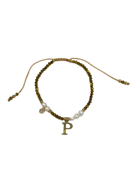 E-HC DESIGNS- Gold Mini Crystal Pearl Adjustable Bracelet With Initial