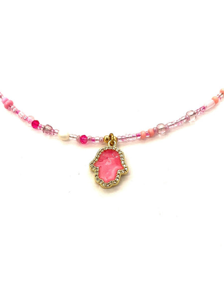 HC DESIGNS- Pink Seedbead Hamsa Layering Necklace- Med Length