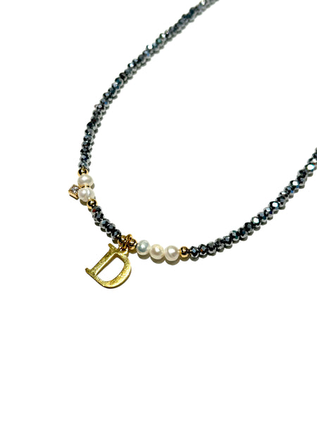 HC DESIGNS- Silver Crystal Necklace with Pearls and Initials