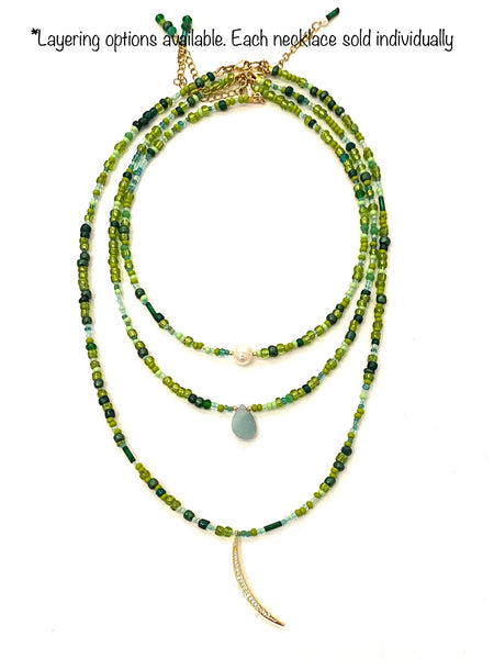 HC DESIGNS- Green Seedbead Hamsa Layering Necklace- Med Length