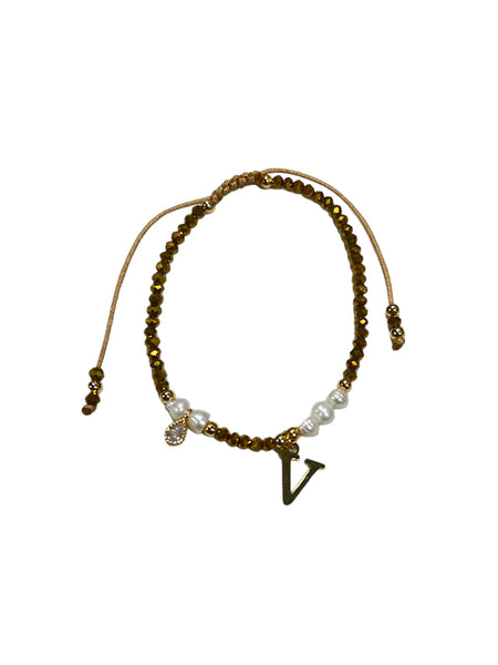 E-HC DESIGNS- Gold Mini Crystal Pearl Adjustable Bracelet With Initial