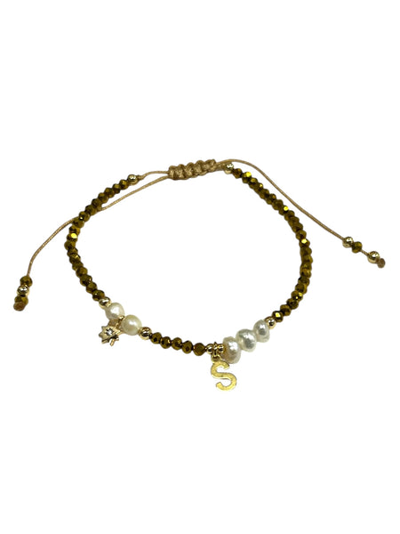 E-HC DESIGNS- Gold Mini Crystal Pearl Adjustable Bracelet With Initial