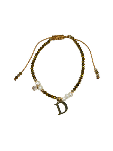 E-HC DESIGNS- Gold Mini Crystal Pearl Adjustable Bracelet With Initial