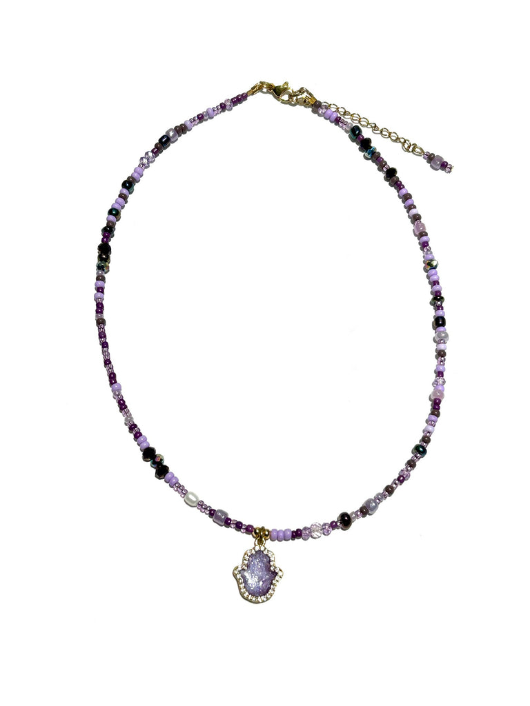 HC DESIGNS- Purple Seedbead Hamsa Layering Necklace- Med Length