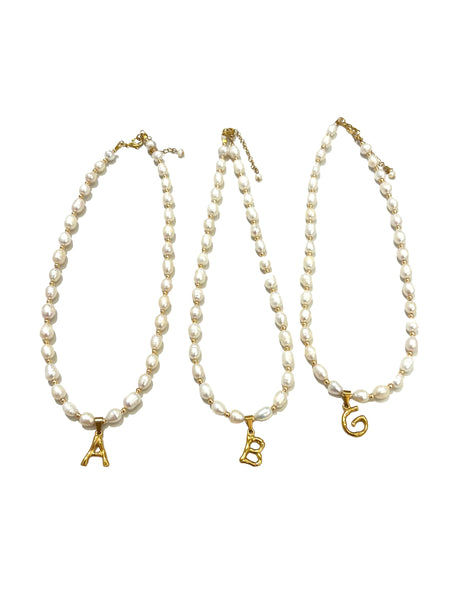 HC DESIGNS- Pearl & Gold Bead Necklace with Initial