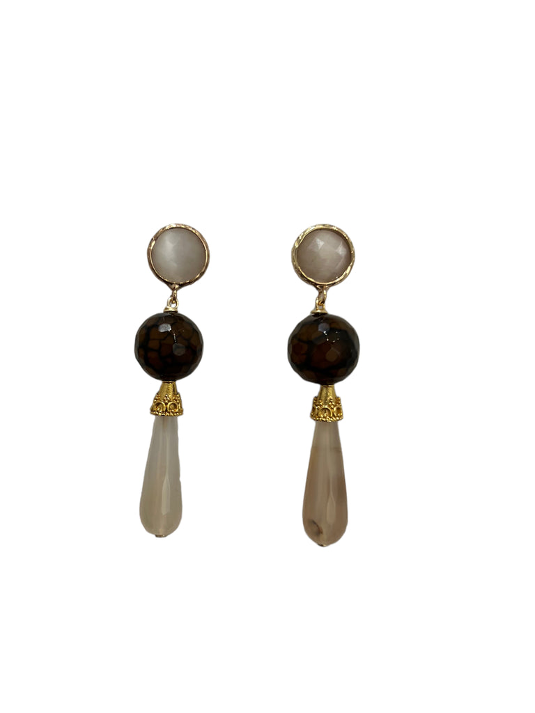 HC DESIGNS- Agate Drop Earrings - White,Brown