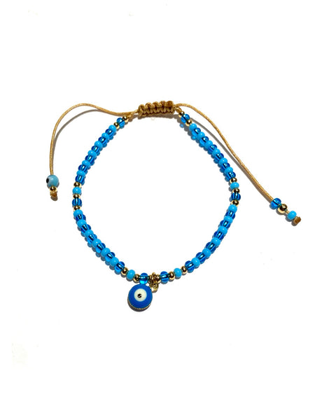 E-HC DESIGNS- Evil Eye Pendant and Patterned Seedbeads Adjustable Bracelet