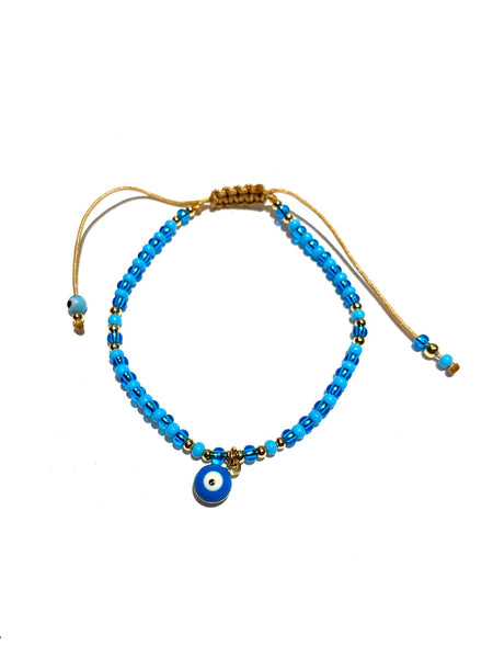 E-HC DESIGNS- Evil Eye Pendant and Patterned Seedbeads Adjustable Bracelet