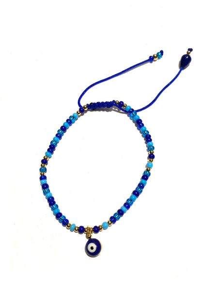 E-HC DESIGNS- Evil Eye Pendant and Patterned Seedbeads Adjustable Bracelet