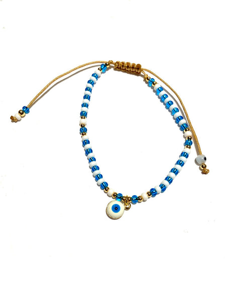 E-HC DESIGNS- Evil Eye Pendant and Patterned Seedbeads Adjustable Bracelet