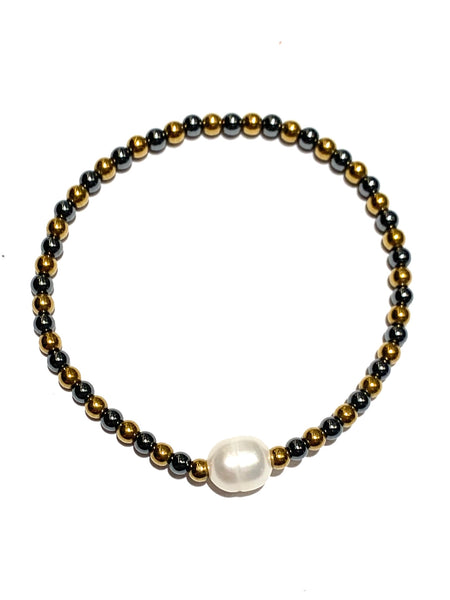 E-HC DESIGNS- Hematite with Pearl Elastic Bracelet