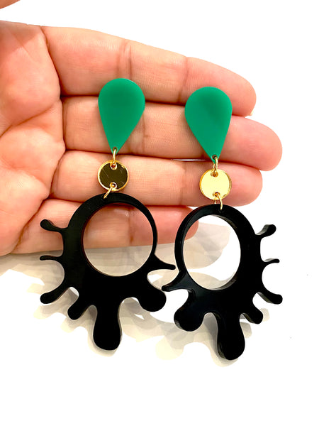 HC DESIGNS- Short Splash Black, Gold Green Acrylic Earrings